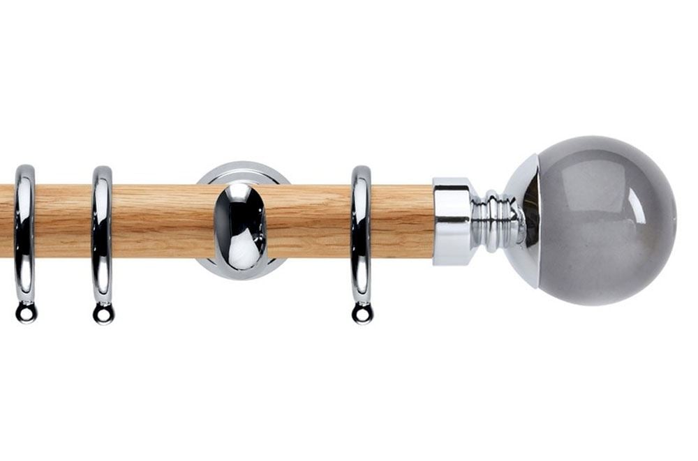 Rolls 28mm Neo Oak Smoke Grey Ball Chrome Wooden Curtain Pole - Crystal Ball Curtain Rod Finials