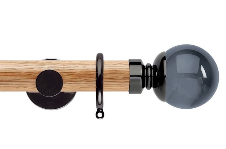 Rolls 35mm Neo Oak Smoke Grey Ball Black Nickel Wooden Curtain Pole