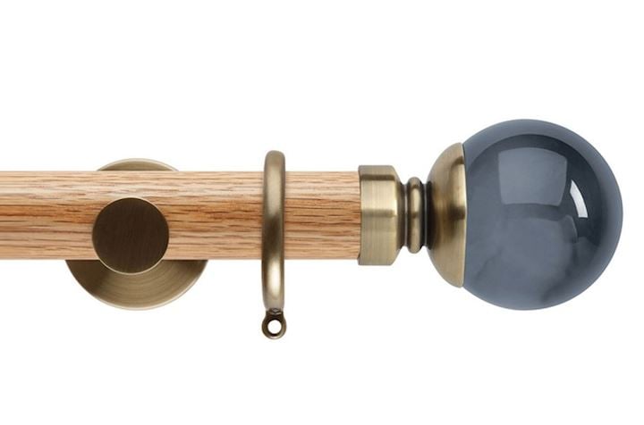 Rolls 35mm Neo Oak Smoke Grey Ball Spun Brass Wooden Curtain Pole