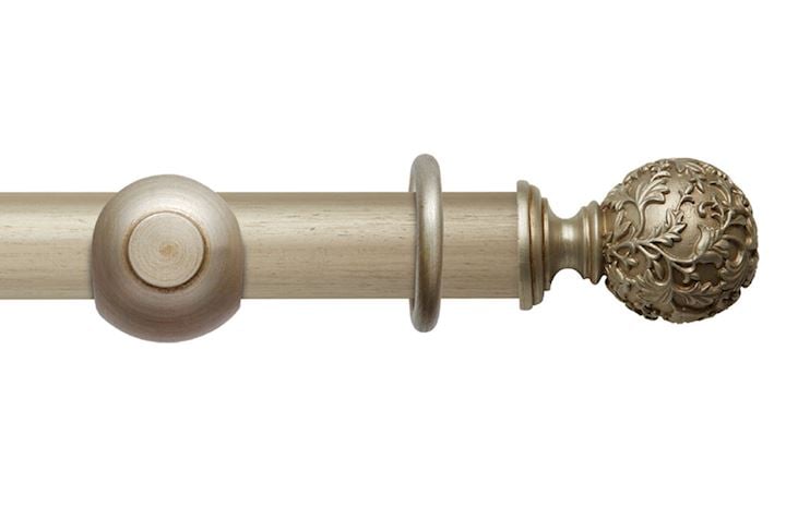 Rolls 45mm Modern Country Floral Ball Satin Silver Wooden Curtain Pole