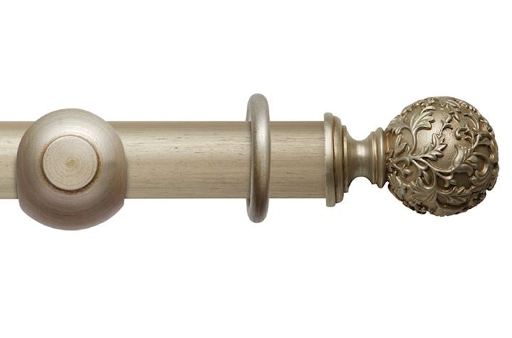 Rolls 55mm Modern Country Floral Ball Satin Silver Wooden Curtain Pole